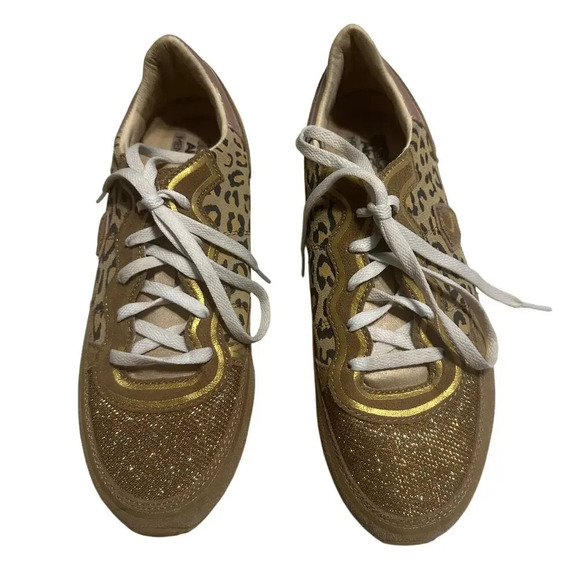 Skecher's Glitter Leopard Love Sneakers Size 8 Suede Textiles Memory Foam Gold - Picture 2 of 10